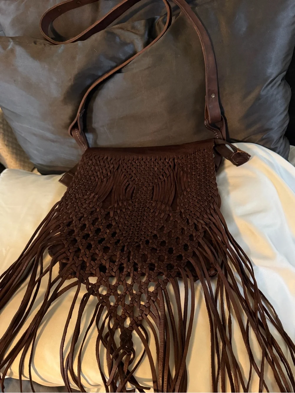 Amazing Vintage Woven n Fringed Patina Brown Crossbody/Shoulder Bag